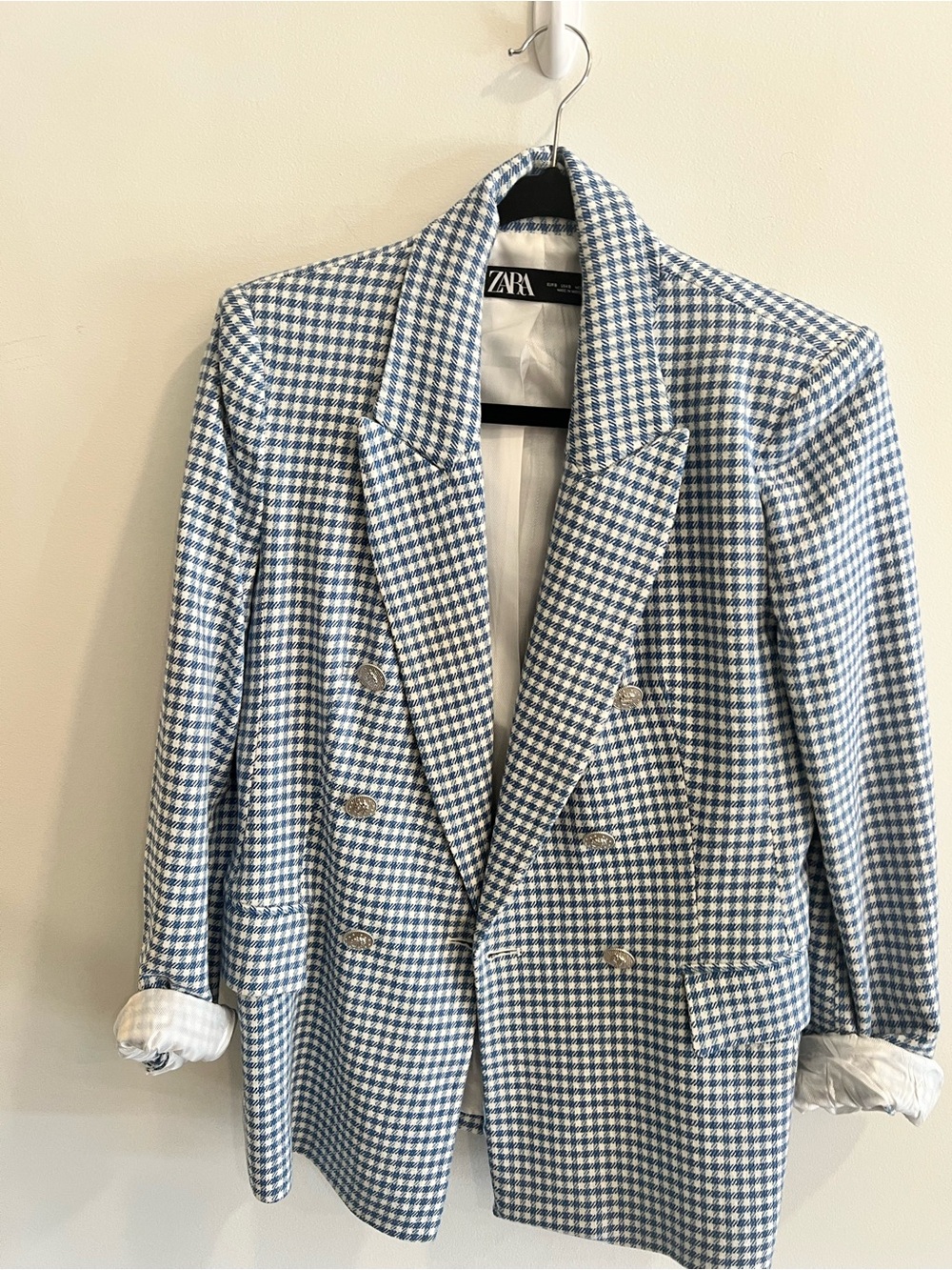 ZARA Blue & White Houndstooth Double-Breasted Blazer